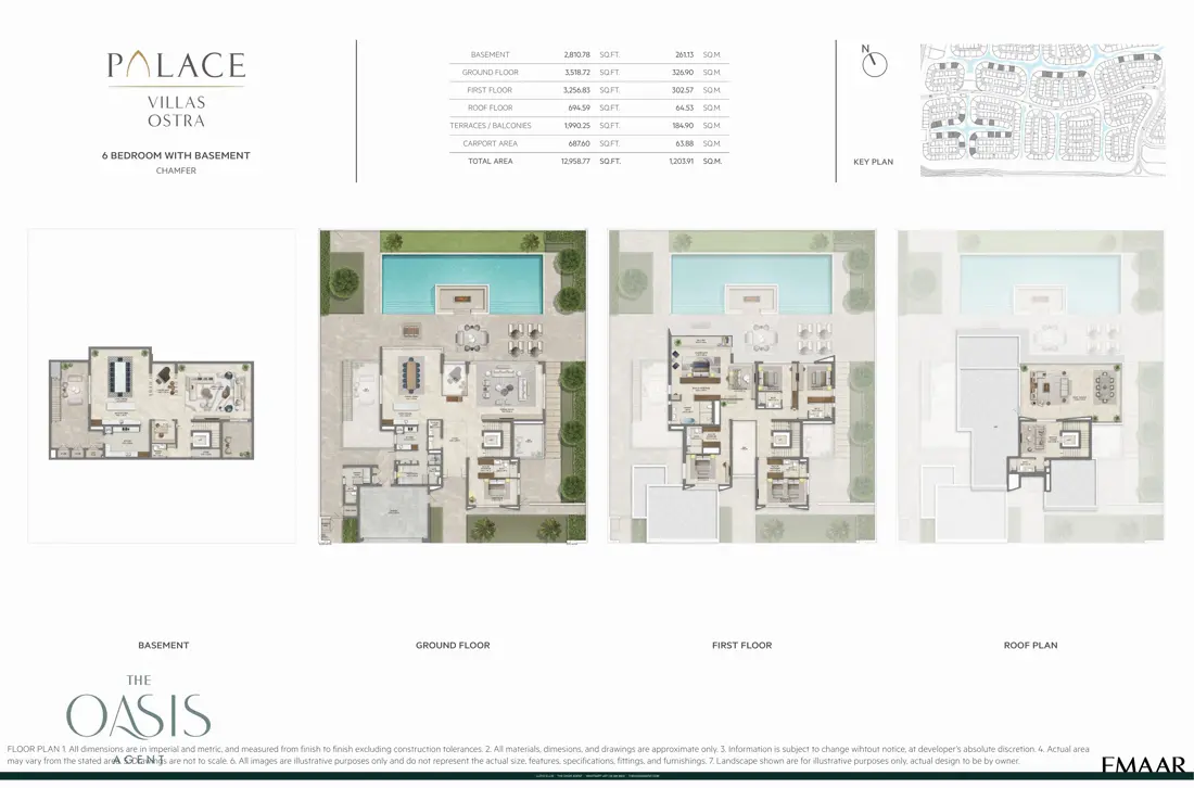 Palace Villas Ostra 6 Bedroom floor plan, 6 Bedroom with Basement, Chamfer – basement, ground, first and roof plans (12,959 sq ft total), The Oasis by Emaar