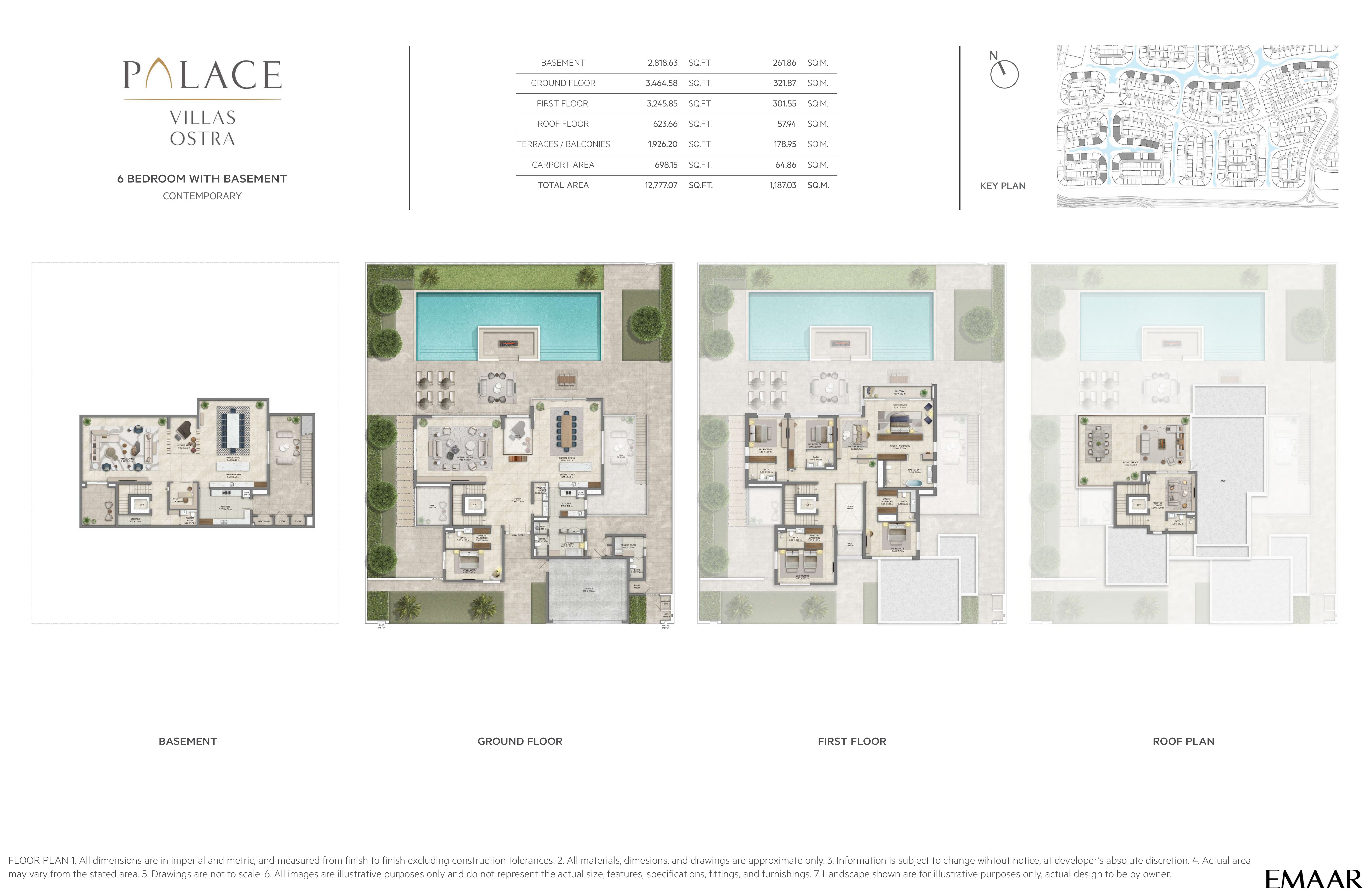 Palace Villas Ostra 6 Bedroom floor plan — 6 Bedroom with Basement, Contemporary – basement, ground, first and roof plans (12,777 sq ft total)