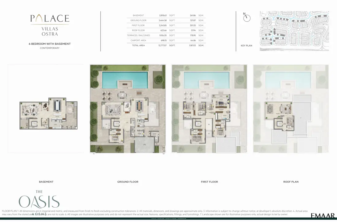 Palace Villas Ostra 6 Bedroom floor plan, 6 Bedroom with Basement, Contemporary – basement, ground, first and roof plans (12,777 sq ft total), The Oasis by Emaar