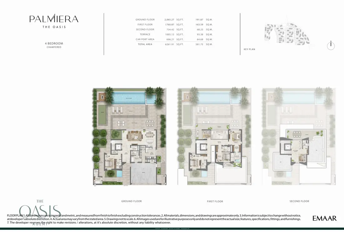 Palmiera 4 Bedroom floor plan, Chamfered, ground, first & second floor (6,262 sq ft total), The Oasis by Emaar