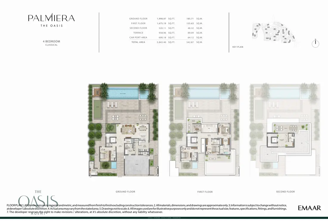 Palmiera 4 Bedroom floor plan, Classical, ground, first & second floor (5,843 sq ft total), The Oasis by Emaar