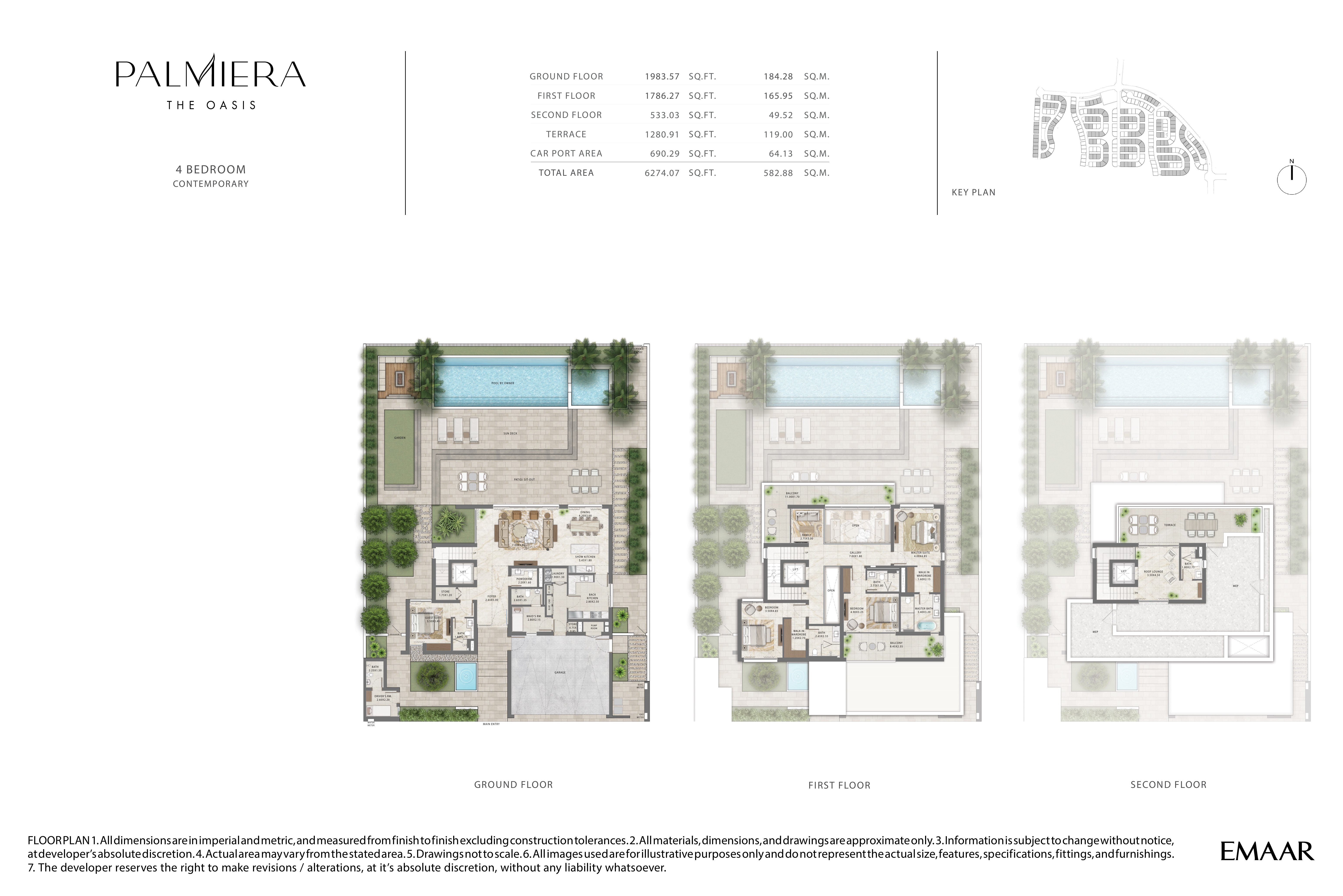 Palmeira 4 Bedroom floor plan — Contemporary — ground, first & second floor (6,274 sq ft total)