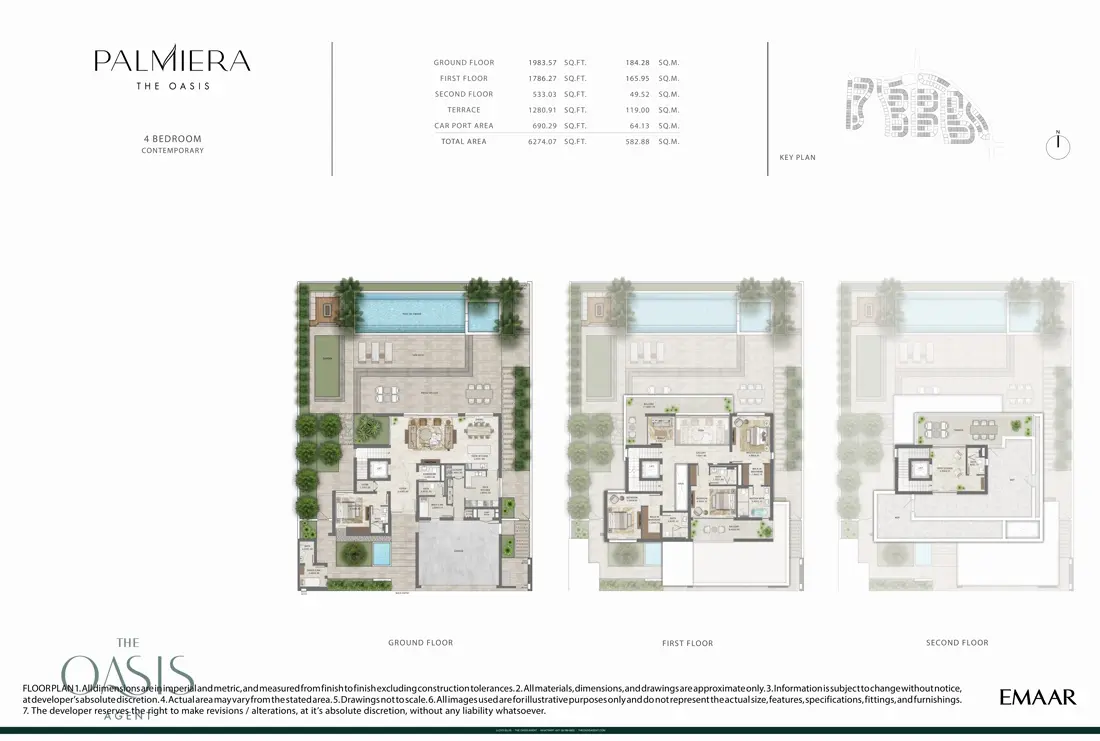 Palmiera 4 Bedroom floor plan, Contemporary, ground, first & second floor (6,274 sq ft total), The Oasis by Emaar