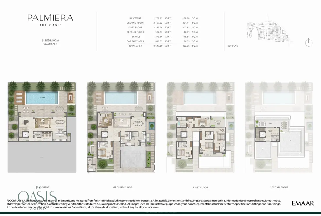 Palmiera 5 Bedroom Type 1 floor plan, Classical 1, basement, ground, first & second floor (8,647 sq ft total), The Oasis by Emaar
