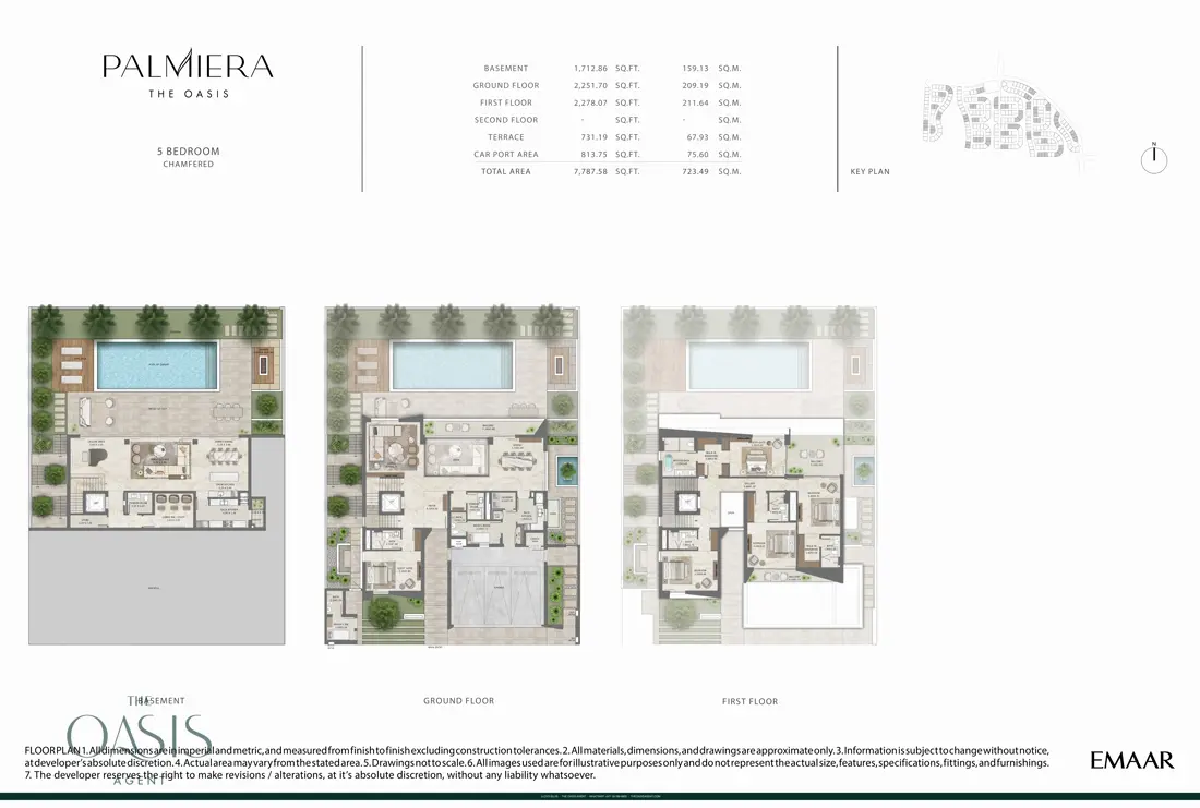 Palmiera 5 Bedroom Type 2 floor plan, Chamfered, basement, ground & first floor (7,788 sq ft total), The Oasis by Emaar