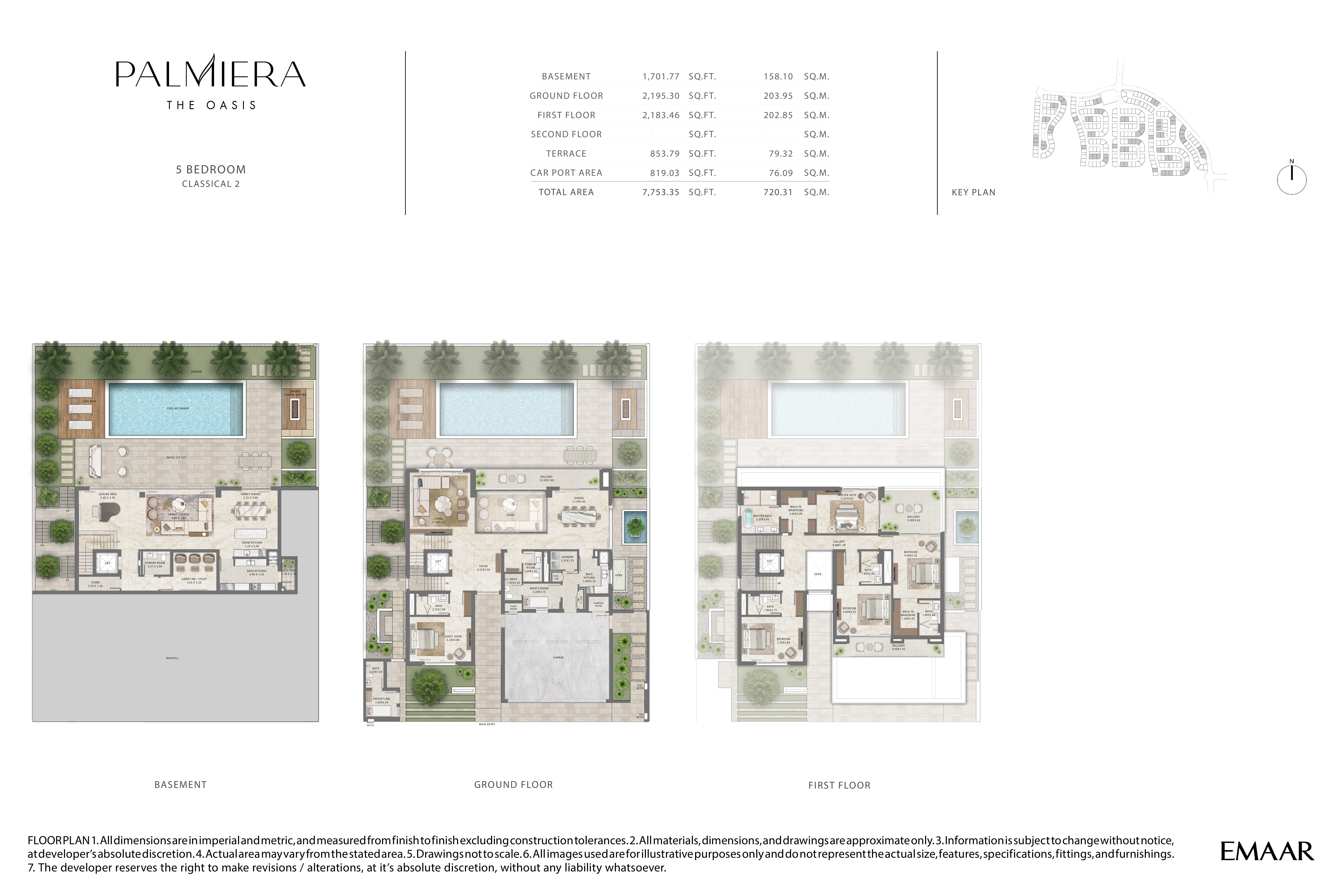 Palmeira 5 Bedroom Type 2 floor plan — Classical 2 — basement, ground & first floor (7,753 sq ft total)