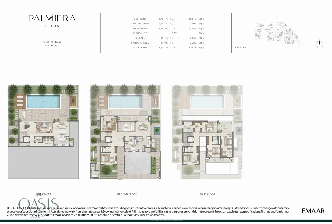 Palmiera 5 Bedroom Type 2 floor plan, Classical 2, basement, ground & first floor (7,753 sq ft total), The Oasis by Emaar