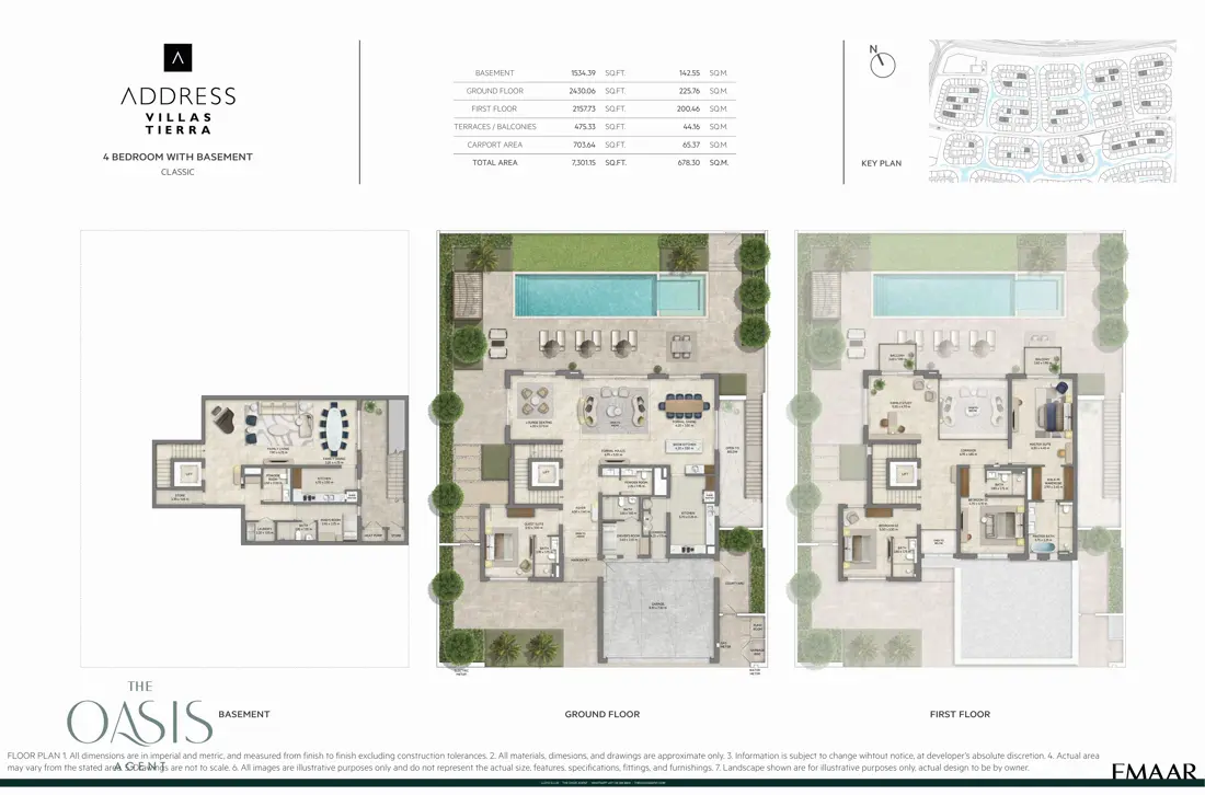 Address Villas Tierra 4 Bedroom floor plan, Classic, basement, ground & first floor, The Oasis by Emaar