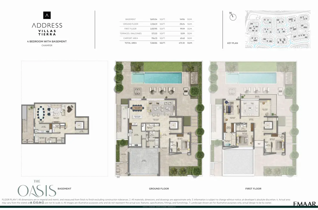 Address Villas Tierra 4 Bedroom floor plan, Chamfer, basement, ground & first floor, The Oasis by Emaar