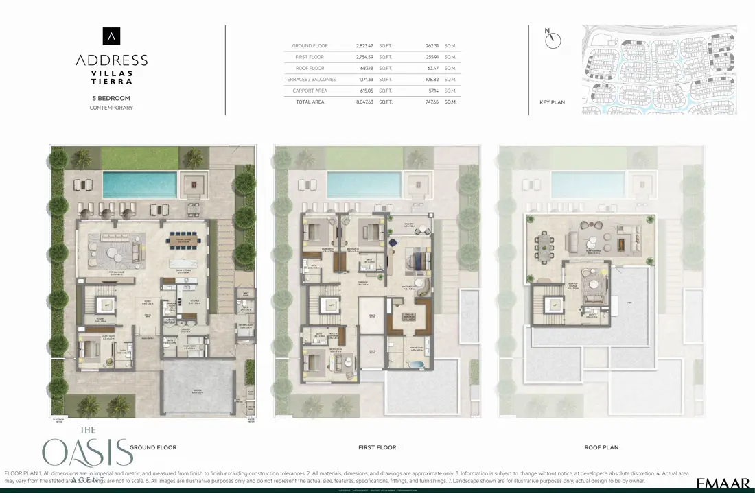 Address Villas Tierra 5 Bedroom floor plan, Contemporary, ground, first & roof plan, The Oasis by Emaar