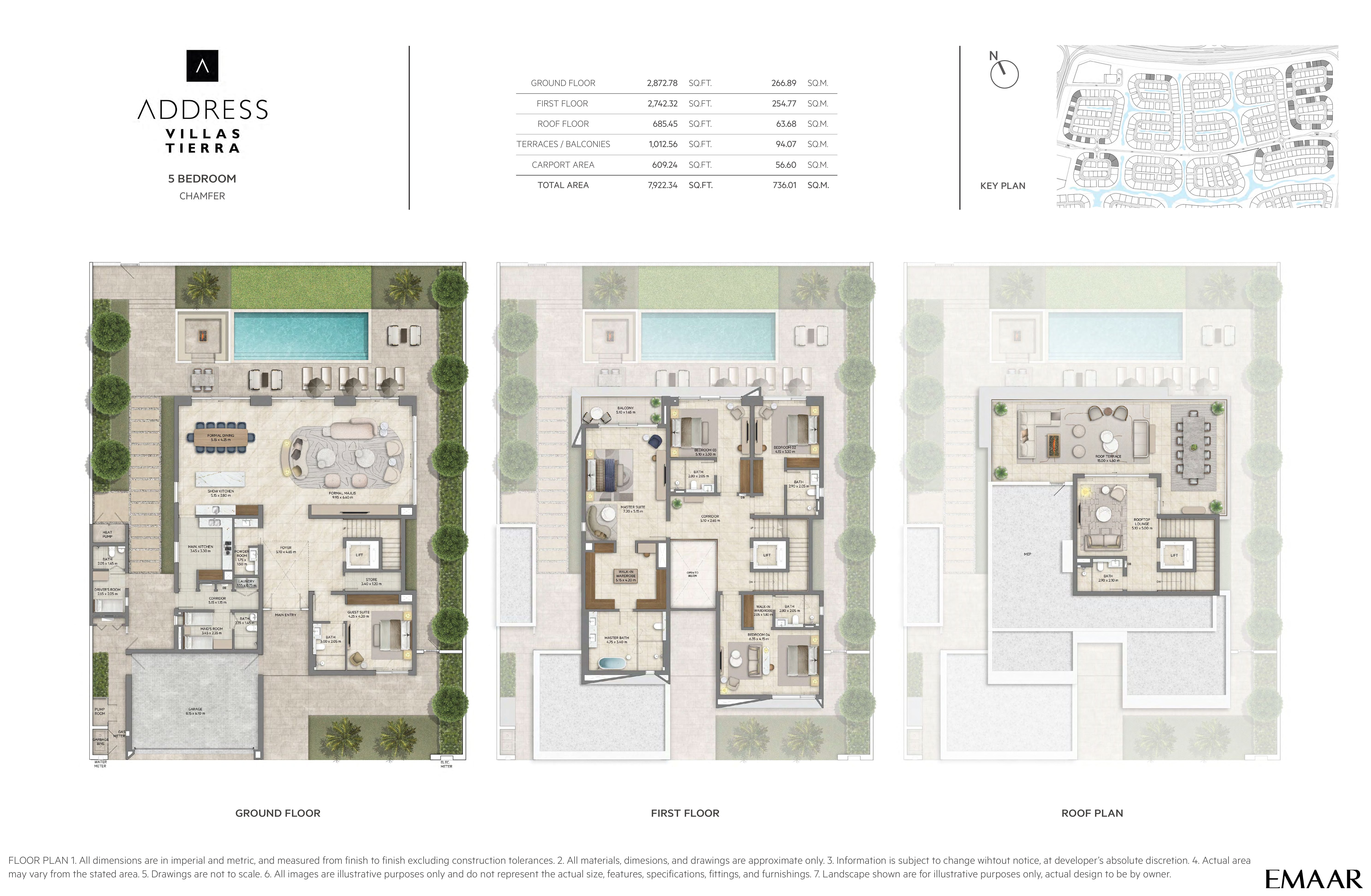 Address Villas Tierra 5 Bedroom floor plan — Chamfer — ground, first & roof plan