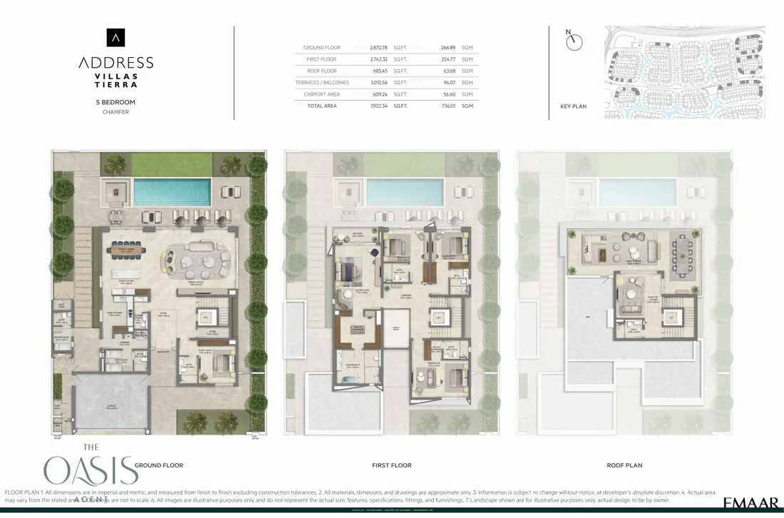 Address Villas Tierra 5 Bedroom floor plan, Chamfer, ground, first & roof plan, The Oasis by Emaar