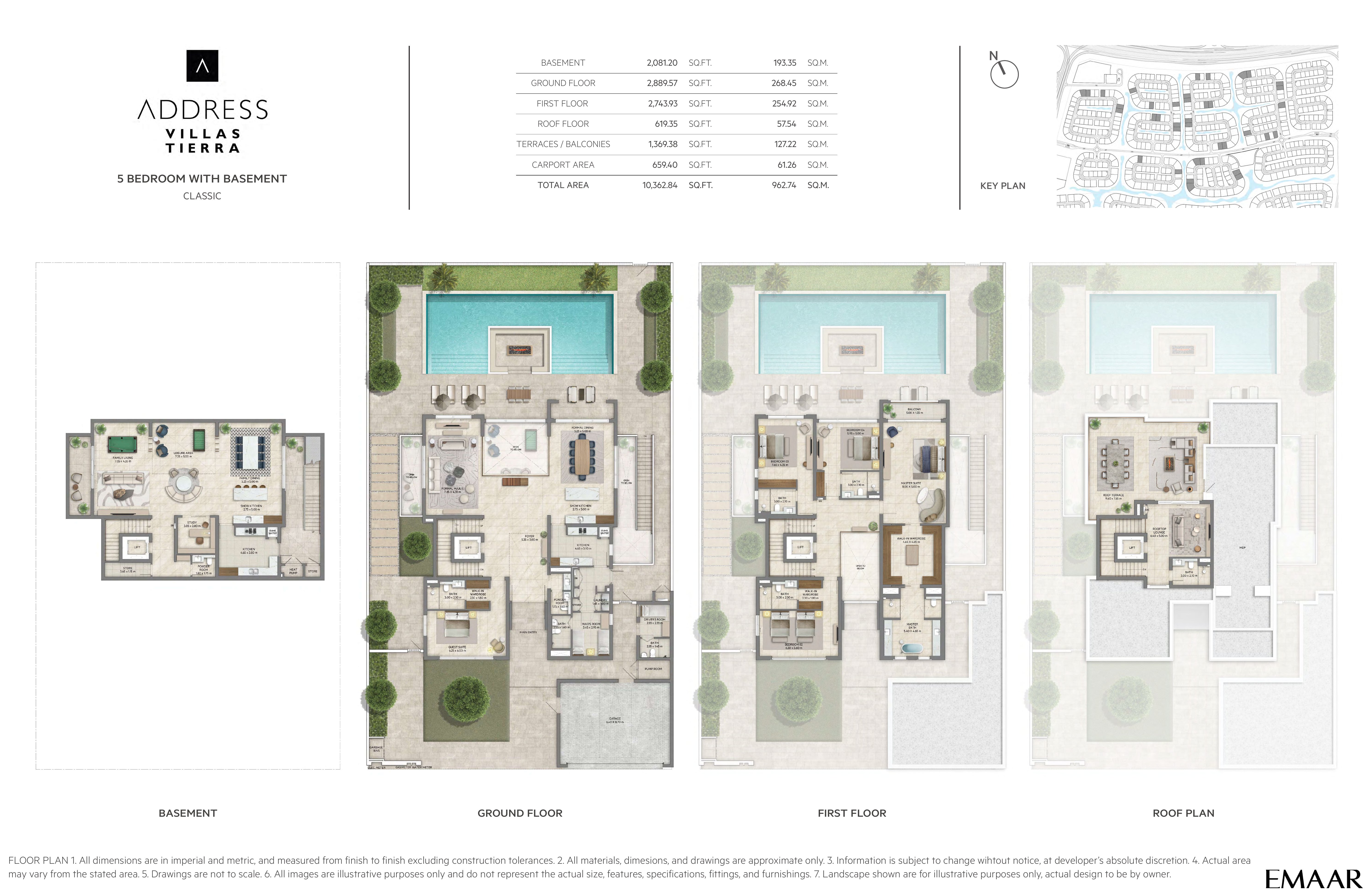 Address Villas Tierra 5 Bedroom floor plan — Classic with basement — basement, ground, first & roof plan