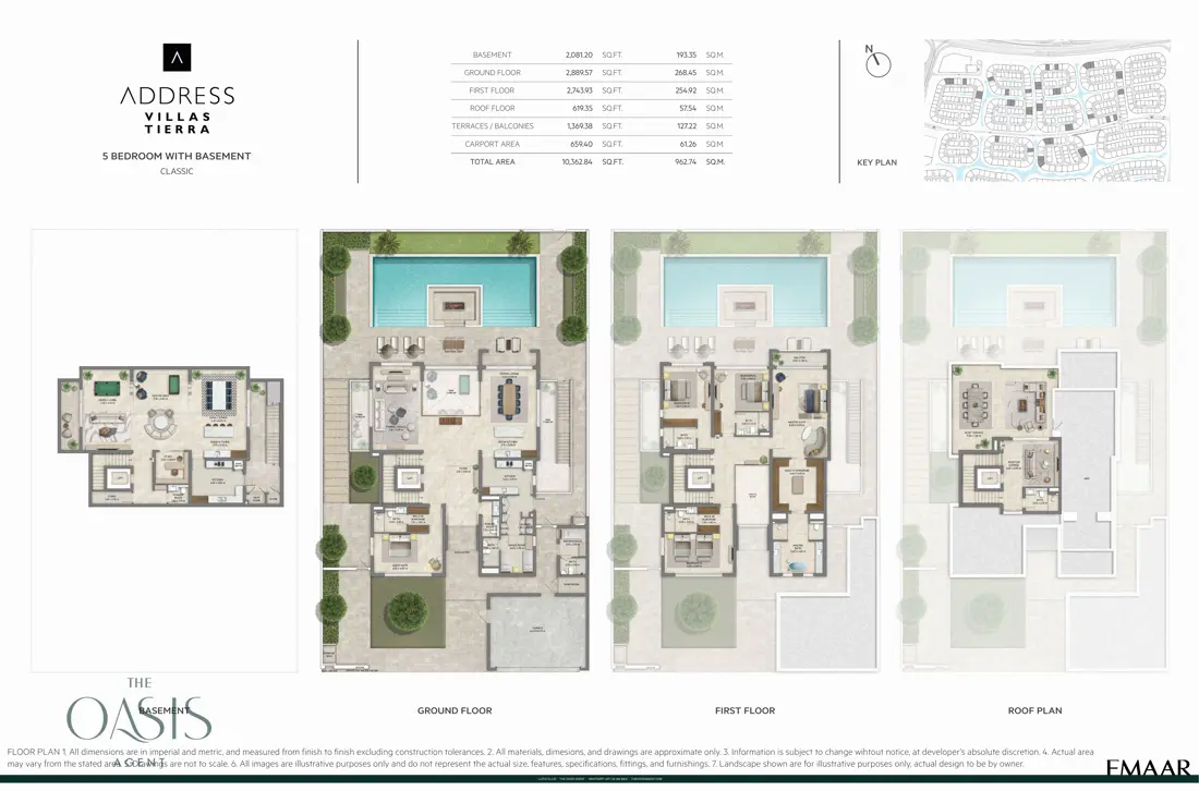 Address Villas Tierra 5 Bedroom floor plan, Classic with basement, basement, ground, first & roof plan, The Oasis by Emaar