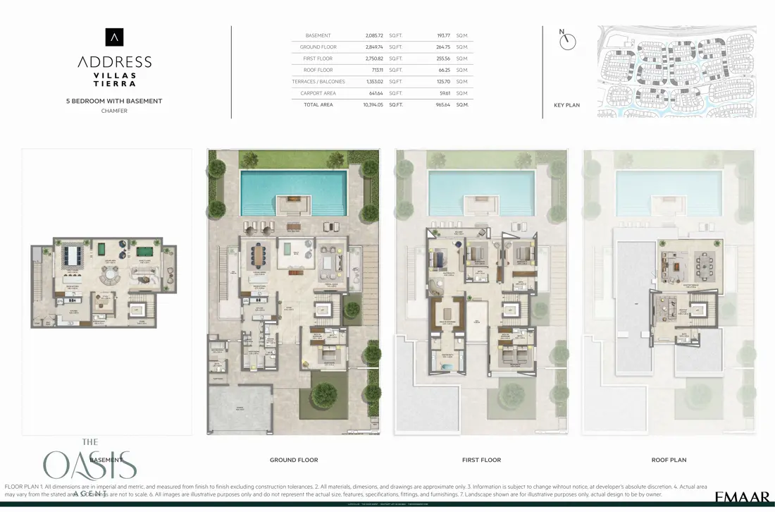 Address Villas Tierra 5 Bedroom floor plan, Chamfer with basement, basement, ground, first & roof plan, The Oasis by Emaar