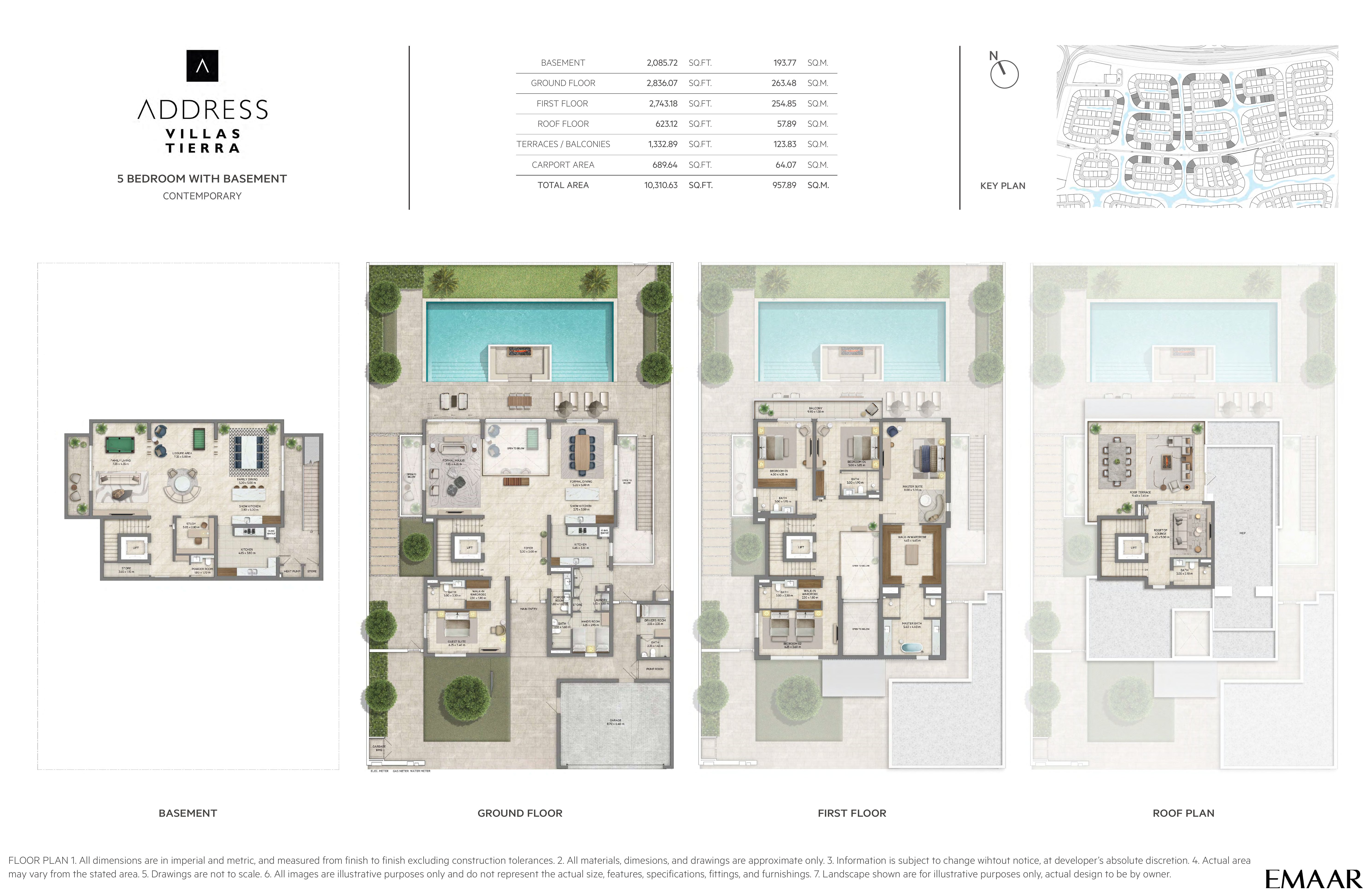 Address Villas Tierra 5 Bedroom floor plan — Contemporary with basement — basement, ground, first & roof plan