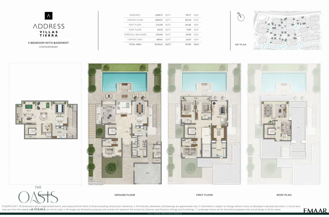 Address Villas Tierra 5 Bedroom floor plan, Contemporary with basement, basement, ground, first & roof plan, The Oasis by Emaar