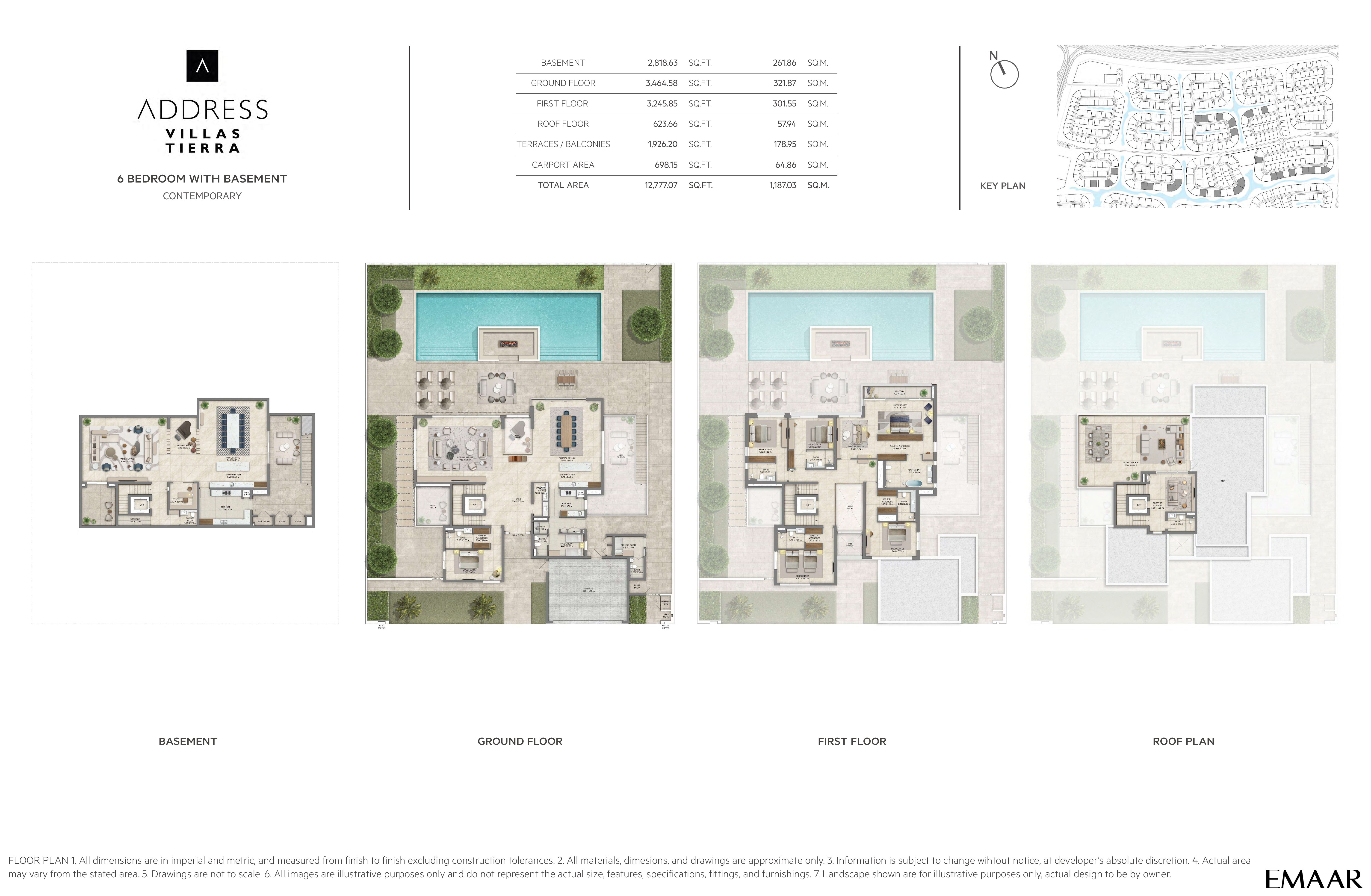 Address Villas Tierra 6 Bedroom floor plan — Contemporary — basement, ground, first & roof plan