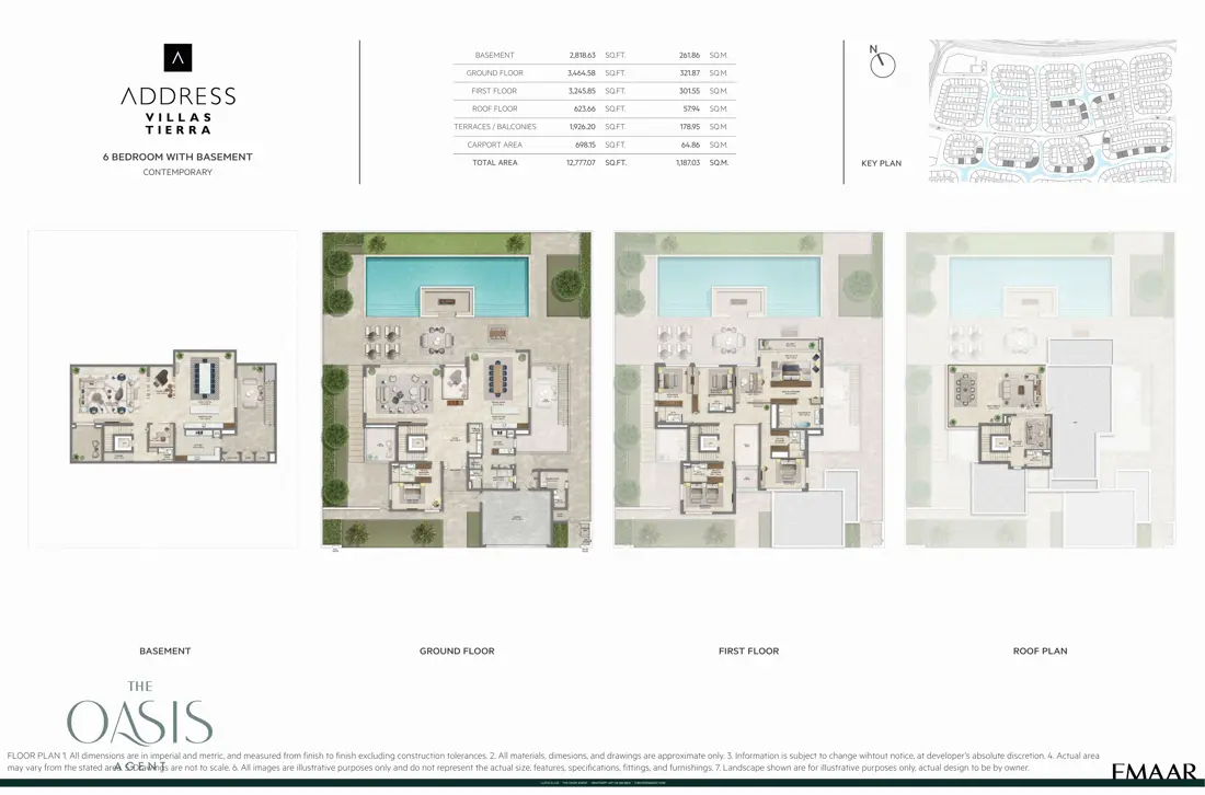 Address Villas Tierra 6 Bedroom floor plan, Contemporary, basement, ground, first & roof plan, The Oasis by Emaar
