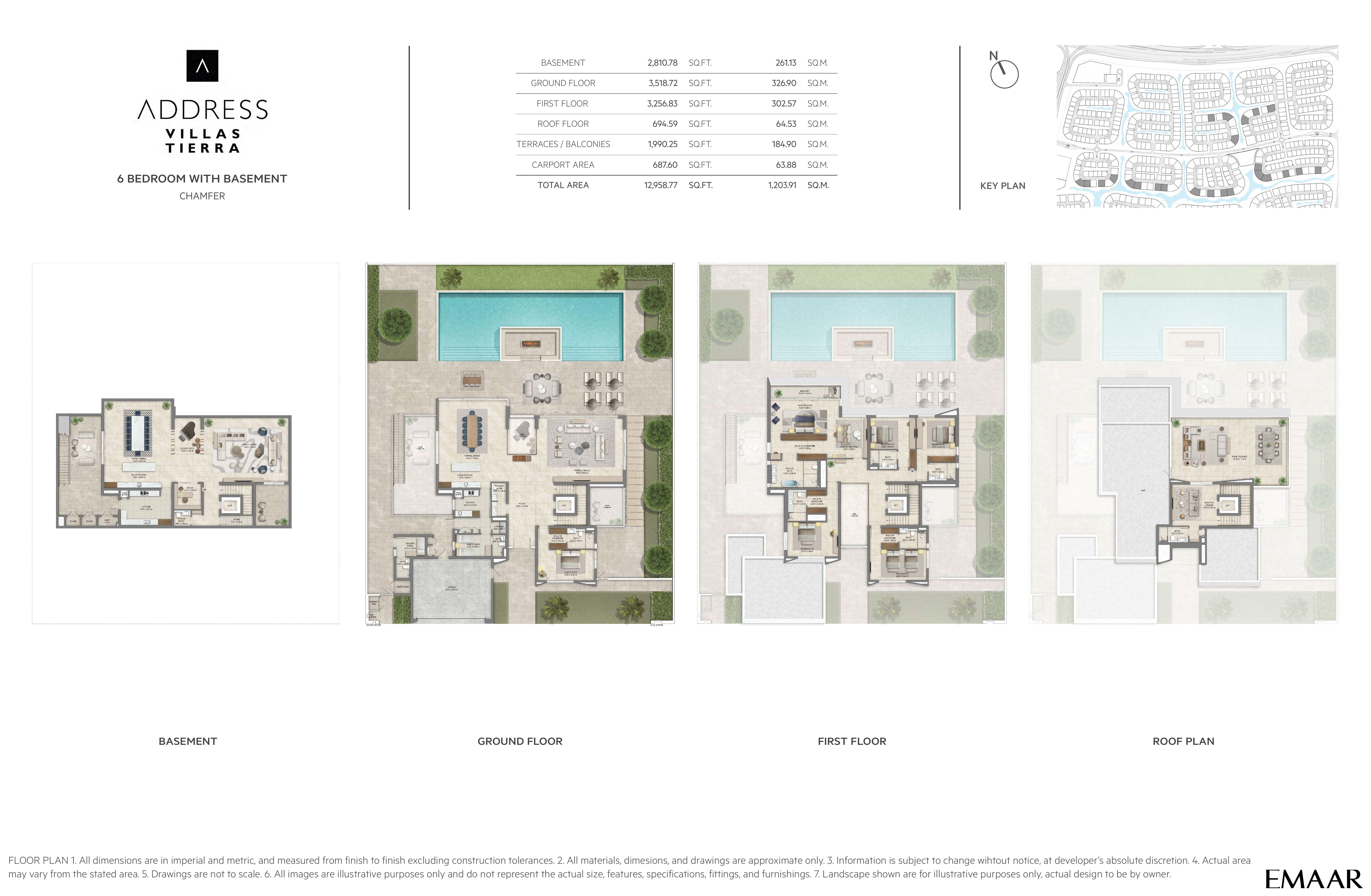 Address Villas Tierra 6 Bedroom floor plan — Chamfer — basement, ground, first & roof plan