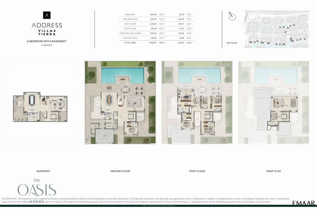 Address Villas Tierra 6 Bedroom floor plan, Chamfer, basement, ground, first & roof plan, The Oasis by Emaar