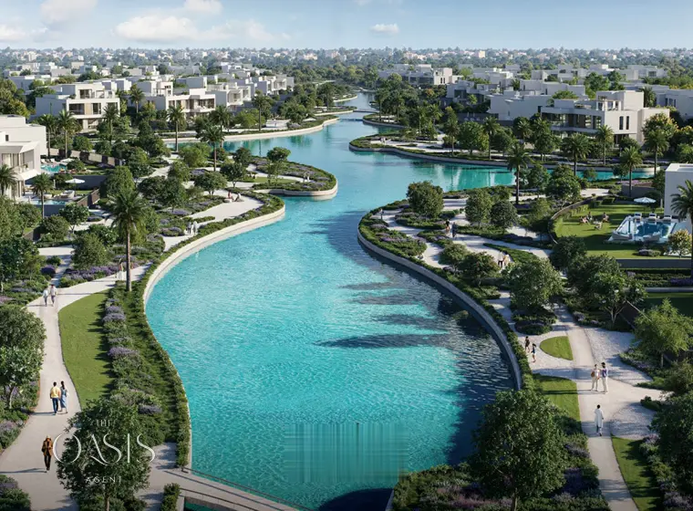 Aerial view of the lagoon waterway at The Oasis by Emaar