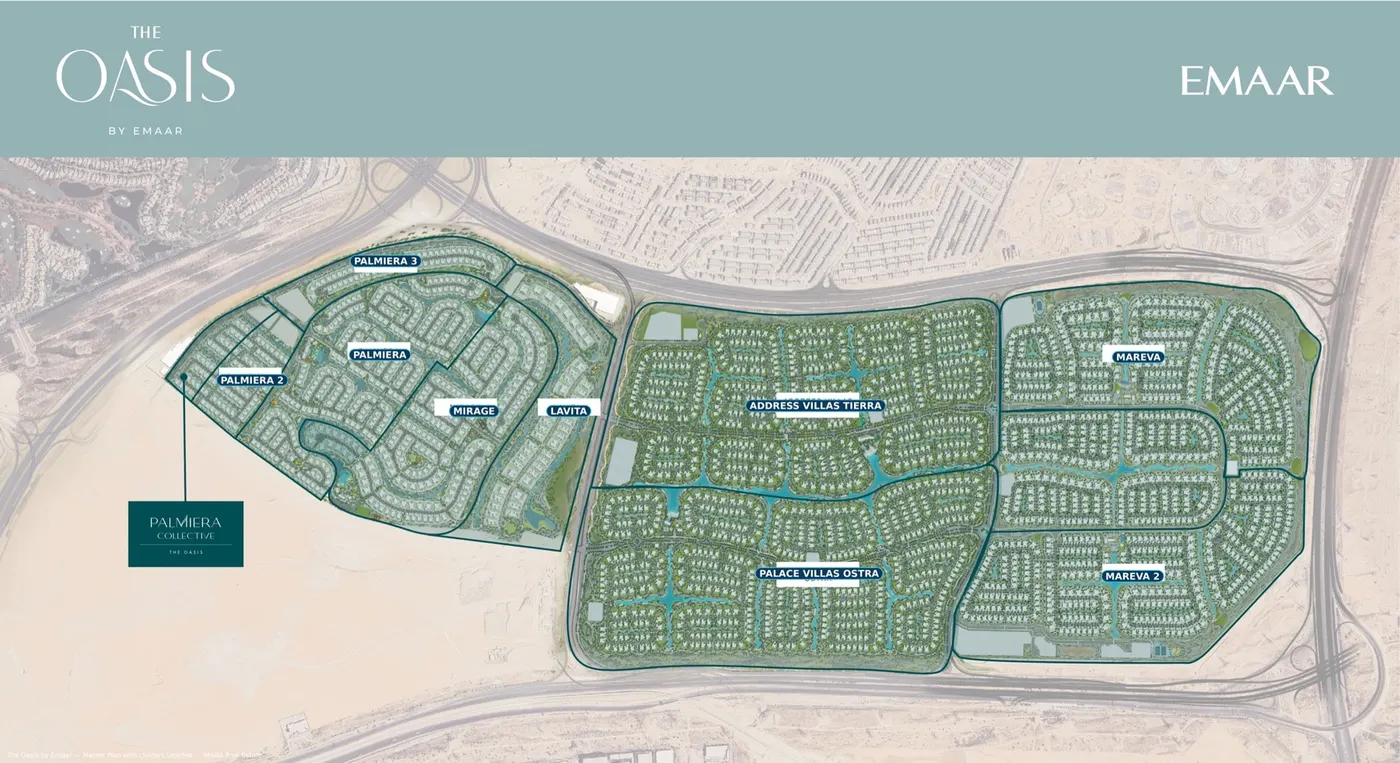 The Oasis by Emaar master plan with every community labelled — the Palmiera districts and Mirage to the west, Lavita central, Address Villas Tierra and Palace Villas Ostra in the middle, Marèva and Marèva 2 to the east