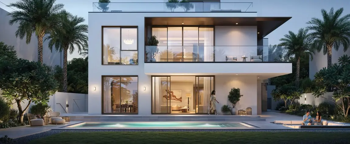 Palmiera villa at dusk across its private pool